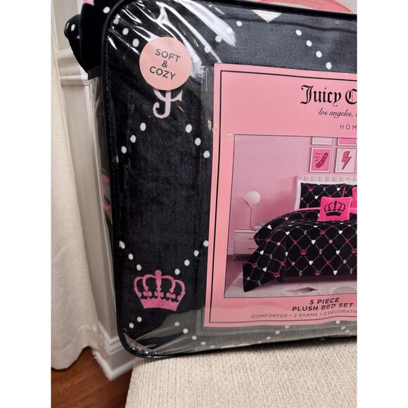 NWT Juicy Couture 5pc QUEEN Plush Comforter Set Black Pink Heart Crowns Monogram - Picture 2 of 6
